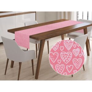 Bavlněný běhoun na stůl Sandra SA-165 Bílá srdíčka na růžovém 45x160 cm
