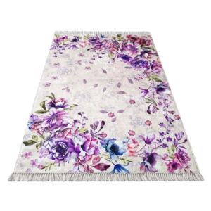 Moderní kusový koberec protiskluzový Horeca 03 Květy Fialový / krémový Rozměr: 80x150 cm