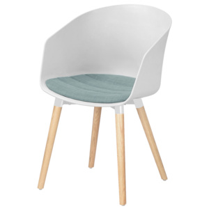 Bílá plastová jídelní židle s čalouněným sedákem v barvě máty a dřevěnou podnoží SET 2 ks DO167