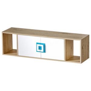 Závěsná skříňka s policemi v dekoru dub jasný v kombinaci s bílou barvou a s tyrkysovými úchytky typ 12 KN1078