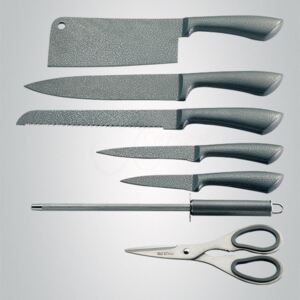 Sada 5 nožů + ocílka + nůžky ve stojanu Royalty Line RL-KSS8 - černá | ocelové nože | ocelový nůž