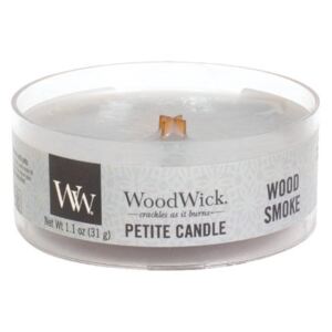 WoodWick - vonná svíčka Petite, Wood Smoke (Kouř a dřevo) 31g (Jedinečná vůně cedru a žhavých uhlíků vytvářejí nostalgický pocit útulnosti u praskajícího ohně.)