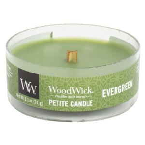WoodWick - vonná svíčka Petite, Evergreen (Vůně jehličí) 31g (Svěží vůně větví balzámové jedle v dokonalém souladu s čerstvě utrženými bylinkami a kouskem pačuli.)