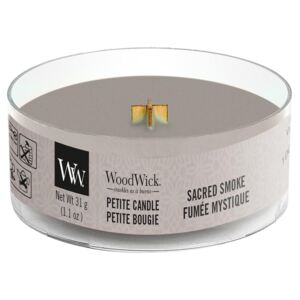 WoodWick - vonná svíčka Petite, Sacred Smoke (Dřevo Palo Santo) 31g (Dřevo Palo Santo se mísí s vůní kořeněného hřebíčku a pižmově hlubokých tónů.)
