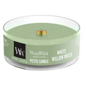 WoodWick - vonná svíčka Petite, Mech bílé vrby 31g (White Willow Moss. Svěží vůně lesa a vrbového dřeva se snoubí s aromatem neroli, dotekem pačuli a citrónové kůry.)