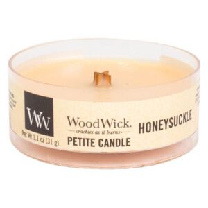 WoodWick - vonná svíčka Petite, Honeysuckle (Zimolez & jasmín) 31g (Násobící se tóny oranžového a žlutého zimolezu s jemnými akcenty jasmínu.)
