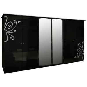 Šestidveřová šatní skříň GLOE se zrcadlem, 274x212,5x63, černá lesk