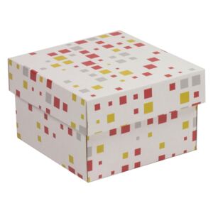 Dárková krabička s víkem 150x150x100/40 mm, VZOR - KOSTKY korálová/žlutá