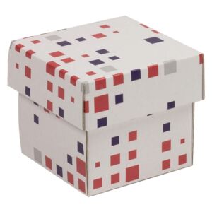 Dárková krabička s víkem 100x100x100/40 mm, VZOR - KOSTKY fialová/korálová