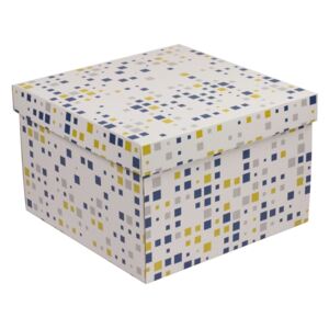 Dárková krabice s víkem 300x300x200/40 mm, VZOR - KOSTKY modrá/žlutá