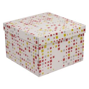 Dárková krabice s víkem 300x300x200/40 mm, VZOR - KOSTKY korálová/žlutá