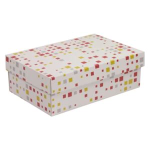 Dárková krabice s víkem 300x200x100/40 mm, VZOR - KOSTKY korálová/žlutá