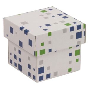 Dárková krabička s víkem 100x100x100/40 mm, VZOR - KOSTKY zelená/modrá