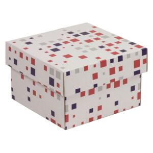 Dárková krabička s víkem 150x150x100/40 mm, VZOR - KOSTKY fialová/korálová