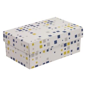 Dárková krabička s víkem 250x150x100/40 mm, VZOR - KOSTKY modrá/žlutá