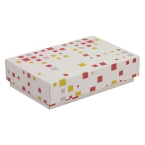 Dárková krabička s víkem 200x125x50/40 mm, VZOR - KOSTKY korálová/žlutá