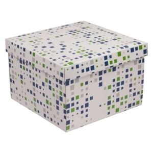 Dárková krabice s víkem 300x300x200/40 mm, VZOR - KOSTKY zelená/modrá