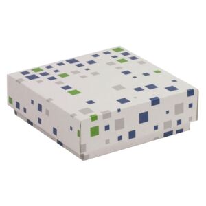 Dárková krabička s víkem 150x150x50/40 mm, VZOR - KOSTKY zelená/modrá
