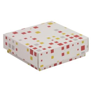 Dárková krabička s víkem 150x150x50/40 mm, VZOR - KOSTKY korálová/žlutá