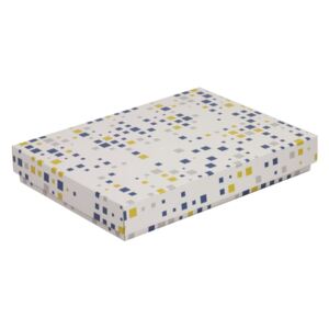 Dárková krabice s víkem 350x250x50/40 mm, VZOR - KOSTKY modrá/žlutá