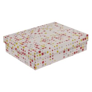 Dárková krabice s víkem 400x300x100/40 mm, VZOR - KOSTKY korálová/žlutá