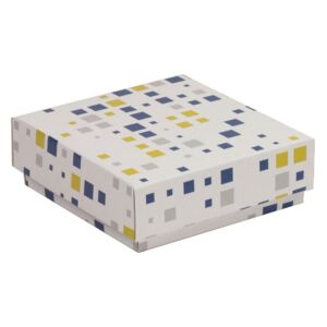 Dárková krabička s víkem 150x150x50/40 mm, VZOR - KOSTKY modrá/žlutá