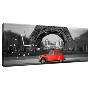 Obraz s hodinami Červené auto pod Eiffelovou věží 100x40cm ZP1116A_1I
