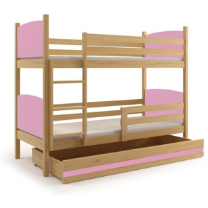 Patrová postel BRENEN + matrace + rošt ZDARMA, 90x200, borovice, růžová
