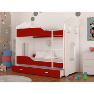 Dětská patrová postel PATRIK Domek + matrace + rošt ZDARMA, 160x80, bílá/červená