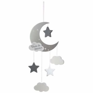 Dětská závěsná dekorace s motivem měsíce a hvězdiček, barva šedá