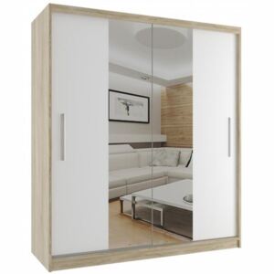 Šatní skříň s posuvnými dveřmi zrcadlem šířka 158 cm dub sonoma korpus 17 Dub sonoma - Bílá