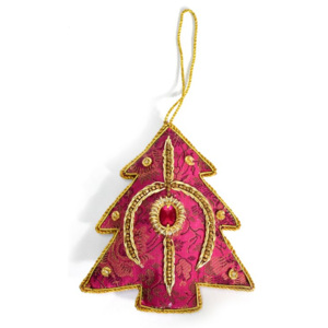 Ručně vyráběná vánoční ozdoba stromeček, růžový brokát, zdobená, 12x10cm