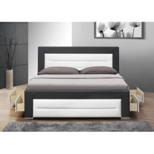 Manželská postel s roštem a šuplíky, ekokůže černá / bílá, 160x200, NAZUKA