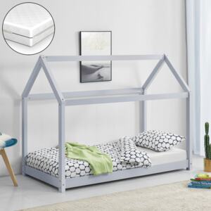 [en.casa] Dětská postel AAKB-8709 světle šedá 70x140 cm s matrací a roštem