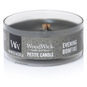 WoodWick - vonná svíčka Petite, Evening Bonfire (Večer u táboráku) 31g (Příjemná vůně lesa přinášející vzpomínky na chladné noci kolem doutnajícího ohně s nejbližšími přáteli.)