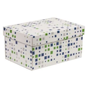 Dárková krabička s víkem 300x200x150/40 mm, VZOR - KOSTKY zelená/modrá