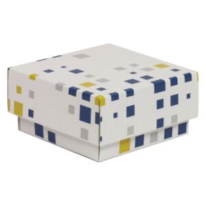 Dárková krabička s víkem 100x100x50/40 mm, VZOR - KOSTKY modrá/žlutá