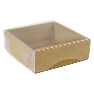 Dárková krabička s průhledným víkem 100x100x35/35 mm, hnědá - kraftová