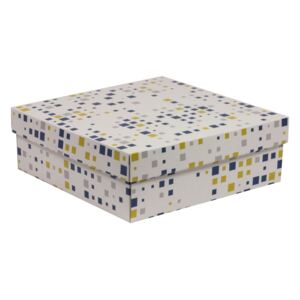 Dárková krabička s víkem 300x300x100/40 mm, VZOR - KOSTKY modrá/žlutá