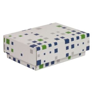 Dárková krabička s víkem 150x100x50/40 mm, VZOR - KOSTKY zelená/modrá