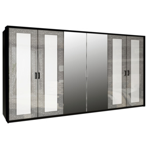 Šestidveřová šatní skříň NICOLA se zrcadlem, 272,6x212,5x55, bílá lesk/černá