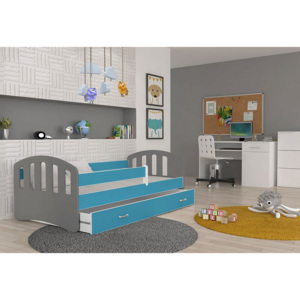 Dětská postel ŠTÍSTKO barevná + matrace + rošt ZDARMA, 140x80, šedá/modrá