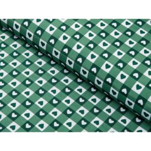 Škodák Polyesterová látka s teflonovou úpravou vzor PETF-1083 Srdíčka - zelené káro - šířka 150cm
