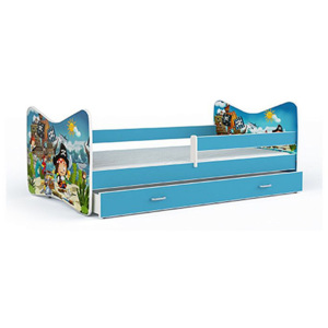 Pohádková dětská postel TOMÁŠ se zásuvkou + matrace + rošt ZDARMA, 140x70, modrá/VZOR 47