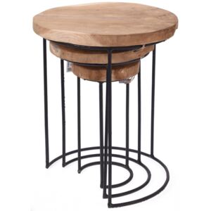 Kulatý designový stolek z přírodního týkového dřeva, 3 ks v sadě, 38x47, 28x41, 18x35 cm