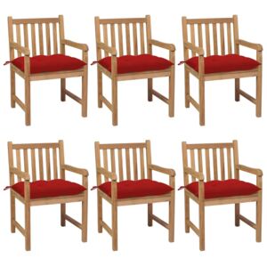 Zahradní židle 6 ks červené podušky masivní teakové dřevo