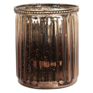 Hnědý skleněný svícen na čajovou svíčku s kovovým zdobením - Ø 10*11 cm