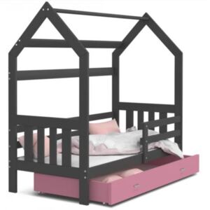 Dětská postel DOMEK 2 se šuplíkem 190x80 cm šedá růžová