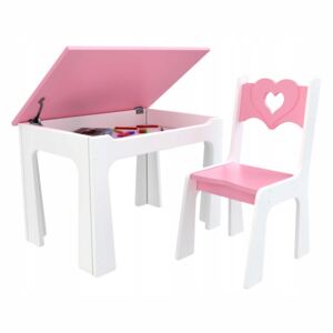 BHome Dětský stůl s úložným prostorem a židlí Srdce - růžové