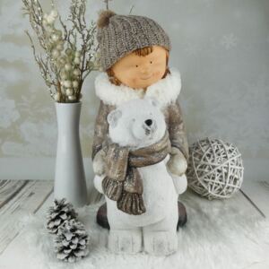 Vánoční figurka dítěte- velká holka v hnědém třpytivém kabátku s medvědem, 42 cm